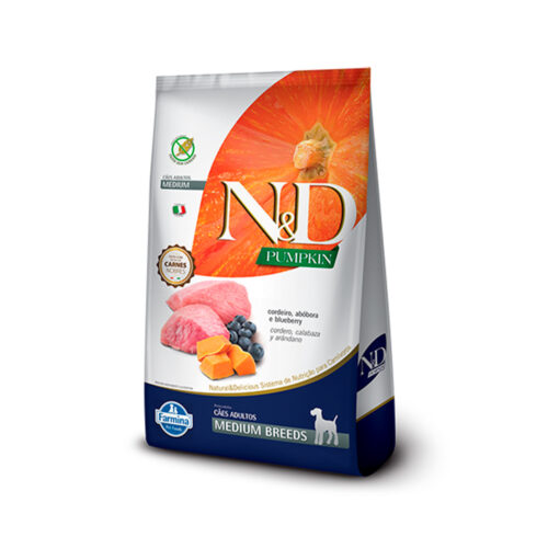 Ração N&D Pumpkin para Cães Adultos Raças Média sabor Cordeiro, Abóbora e Blueberry 10,1Kg