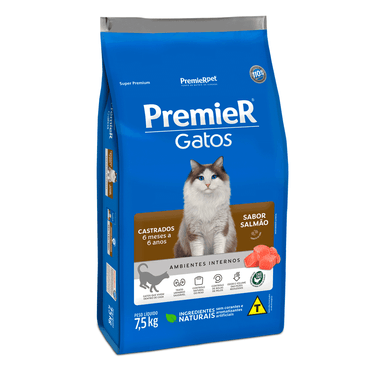 Premier Gatos Castrados 6 Meses a 6 Anos Ambientes Internos Salmão 7,5 kg
